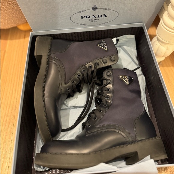 Prada Shoes - Prada Black/ Blue Leather and Re-Nylon Combat Boots (Size 37)